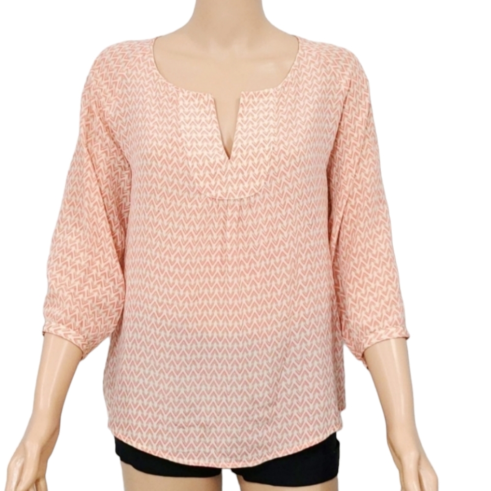 Ellie Kai  Women's Tunic Top 100% Silk 3/4‎ Sleeve Peach/Brown Size 12